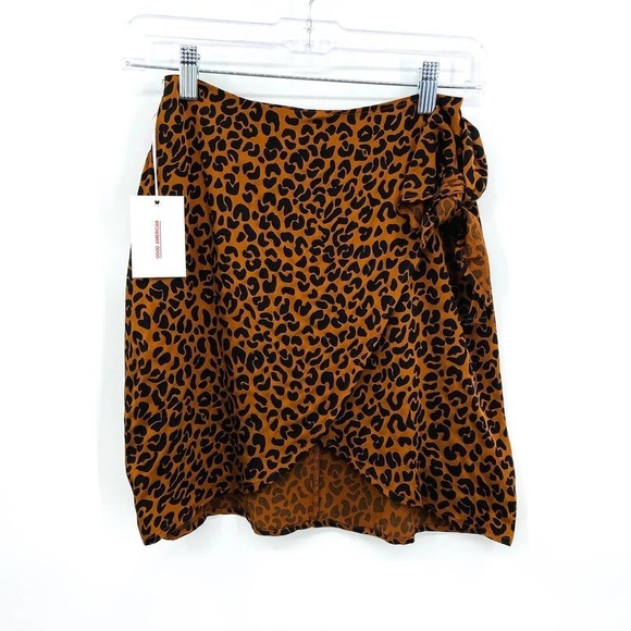 NWT GOOD AMERICAN Brown Black Leopard Print High Waist Sarong Mini Skirt Size 0 - Picture 2 of 8